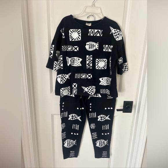 Cotton Fields Pants - Vintage 80s Cotton Fields Black White  Graphic Fish Pant Top Set  Beach S/M